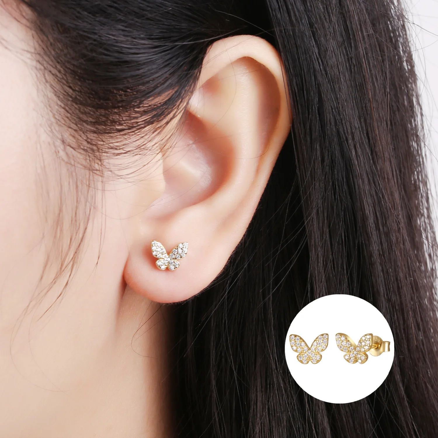 

Wholsale S925 Sterling Silver EarJewelry Zircon Micro Pave Butterfly Stud Earrings, Gold/silver color