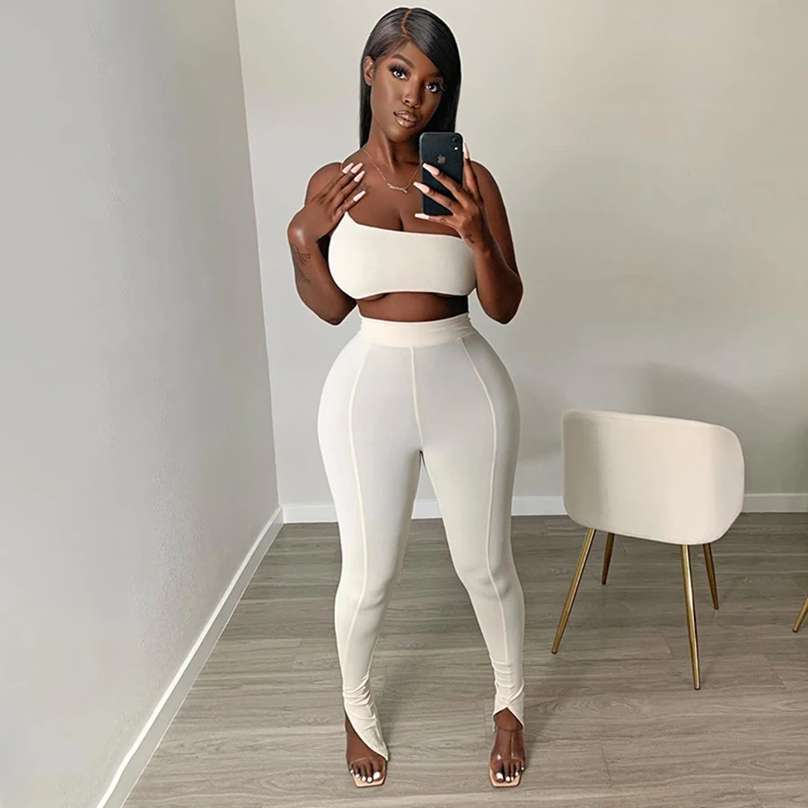 

Sexy One Shoulder Tracksuit Fitness Sleeveless Slash Neck Crop Top Pants Elastic Hight Streetwear Women Two Piece Set