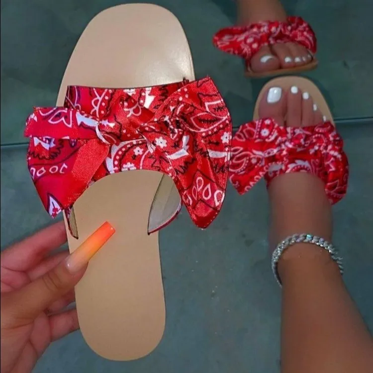 

2020 new Fashion women's sandals bow slippers Slides Shoes flat bow slippers sandals, Red, blue, black