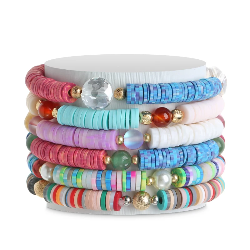 Handmade cheap price heishi beaded bracelet polymer clay with stone beads bracelet