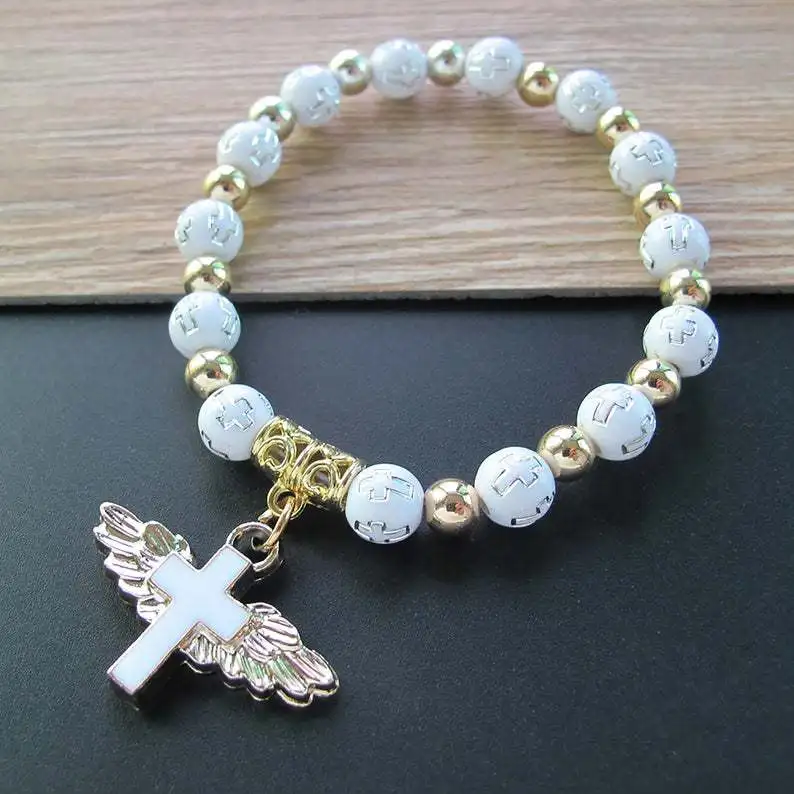 

JC Crystal Prayer beads wholesale 8mm Round Bronzing Acrylic Oil Cross Bracelet Christian Angel Wing Rosary Bracelets