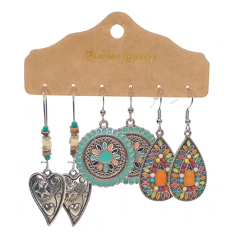 

New Hollow Feather Diamond Heavy Earrings Set Metal Large Hoop Turquoise Earrings Jewelry