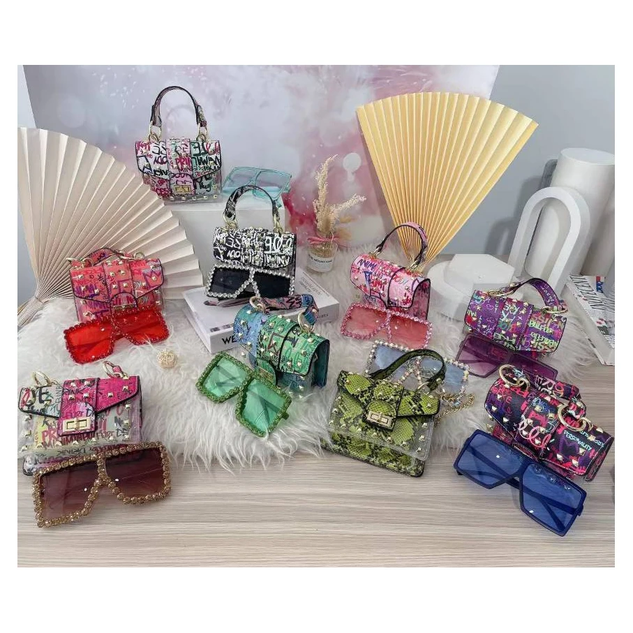 

2021 New Arrival Women Handbags Rhinestone Purse And Sunglasses Set, As show