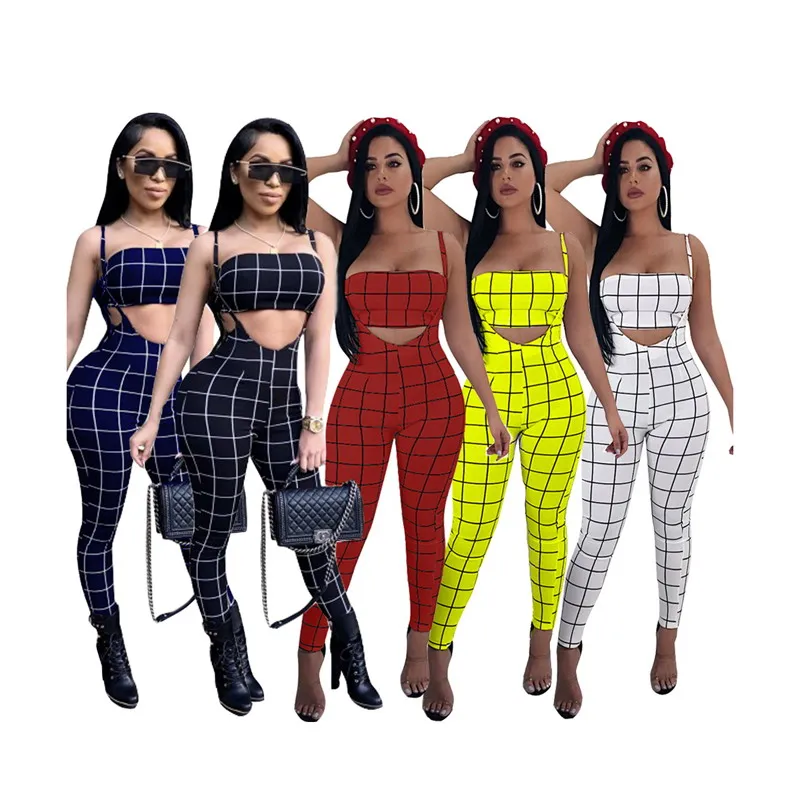 

Foma Clothing B9065 new fashion 2021 plaid printed tube top and trousers women sexy bodycon two 2 piece sets overalls