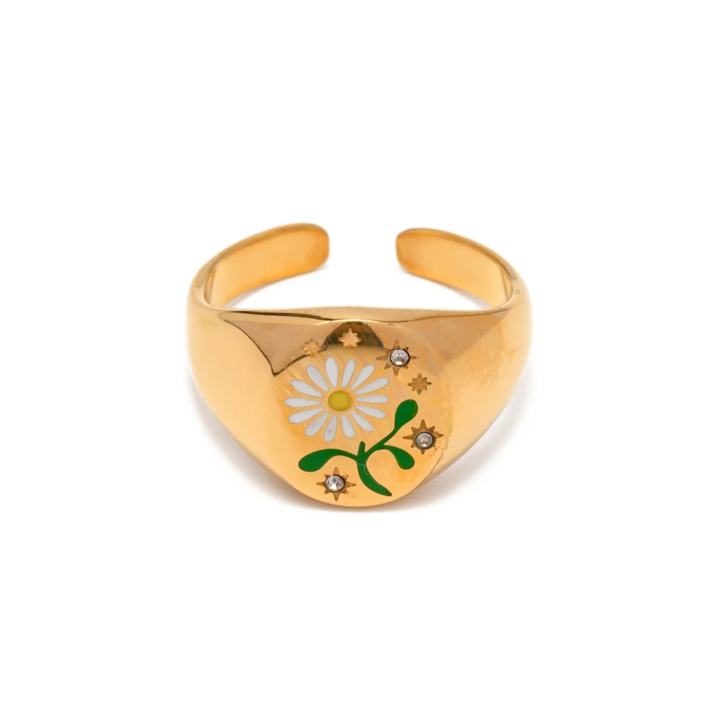 

18K Gold Plated Flower Star Zircon Inlaid Opening Ring Enamel Colorfully Oil Drop Jewelry Amulet Ring Set