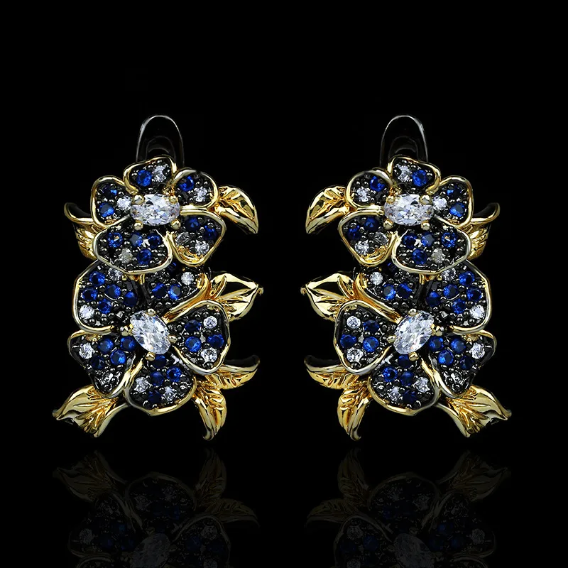 

Antique Designs KYED0546 Antique Gold Plated Colorful Zircon Flower Earrings Blue Zircon Jewelry Women's Party Gifts, Black