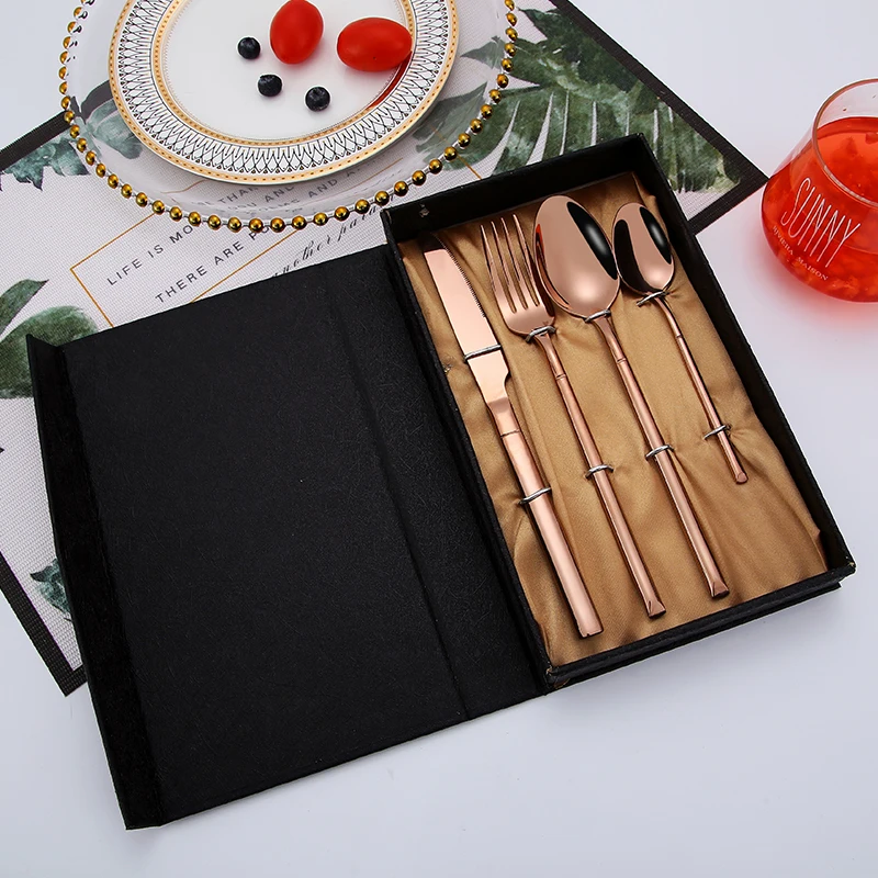 

Square handle restaurant portugal reusable rose gold plated cutlery set