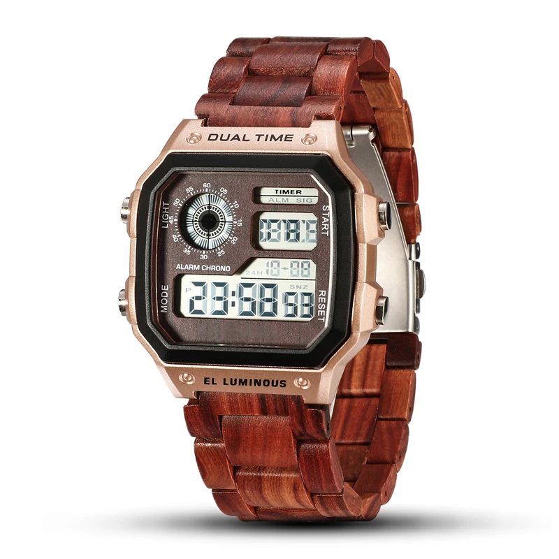 

SOPEWOD Multi-function Men's Zebra Red Black Sandalwood Wood Band Sport Dual Time Display Digital Watch, Natural wood color