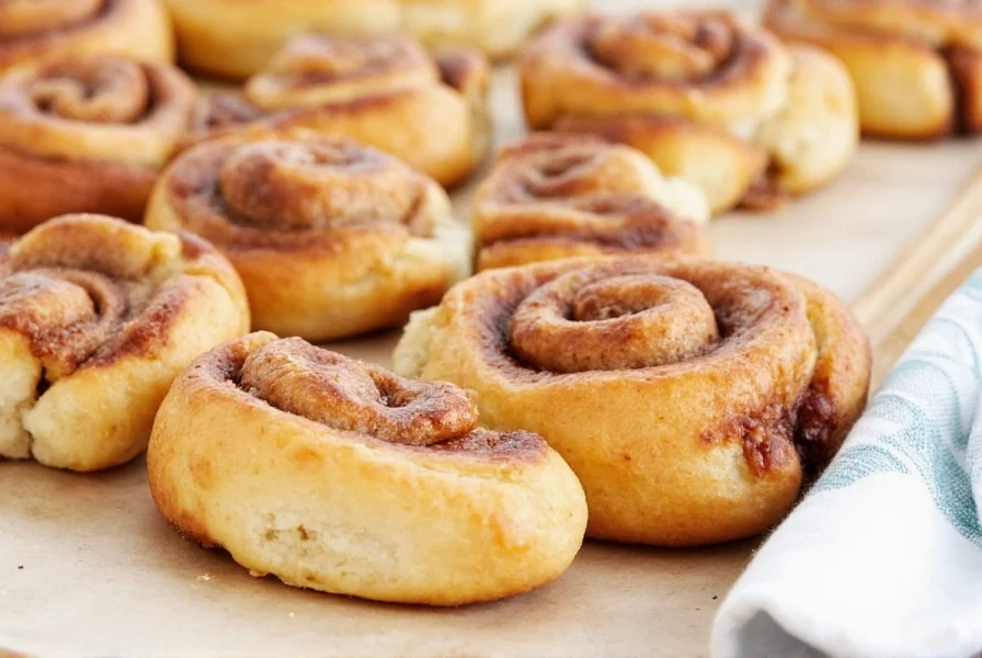 Close-up photography of freshly baked cinnamon rolls with visible swirls, melted icing drizzling down sides, natural window lighting, rustic wooden background