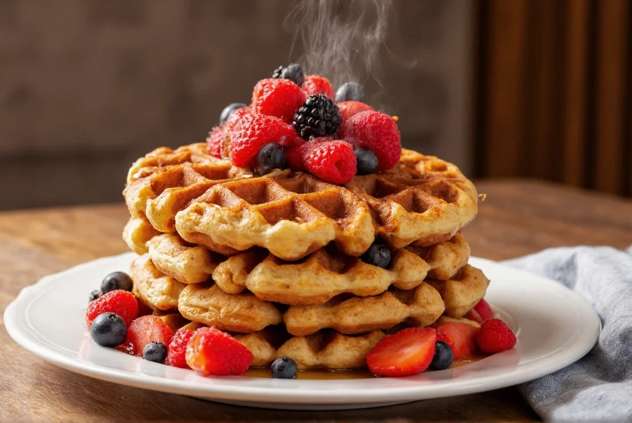 Stack of golden brown cinnamon waffles with steam rising, topped with fresh berries and maple syrup
