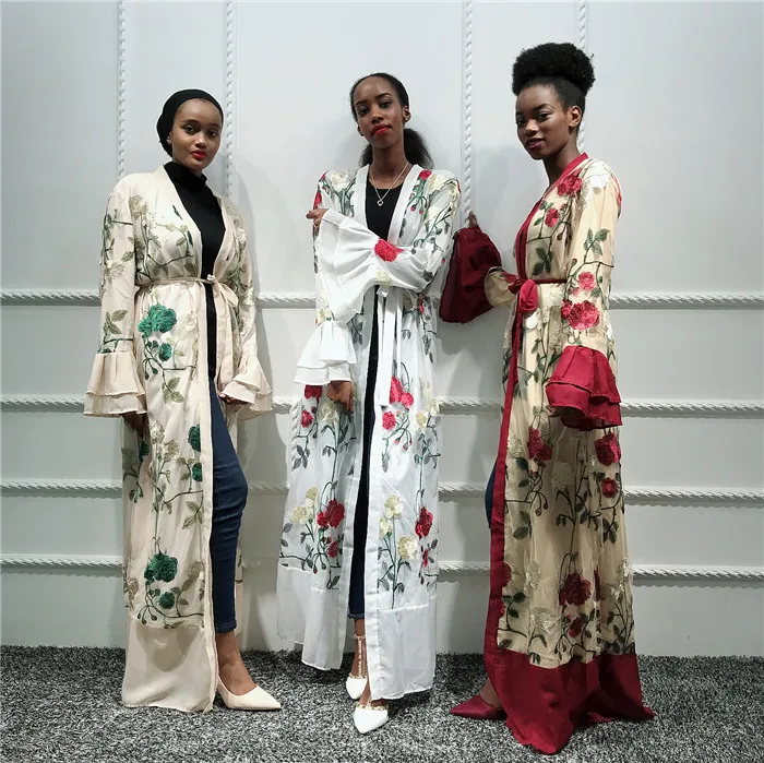 

New arrival muslim dress floral embroidery lace with lining bell sleeve kimono abaya, Wine red,beige,white
