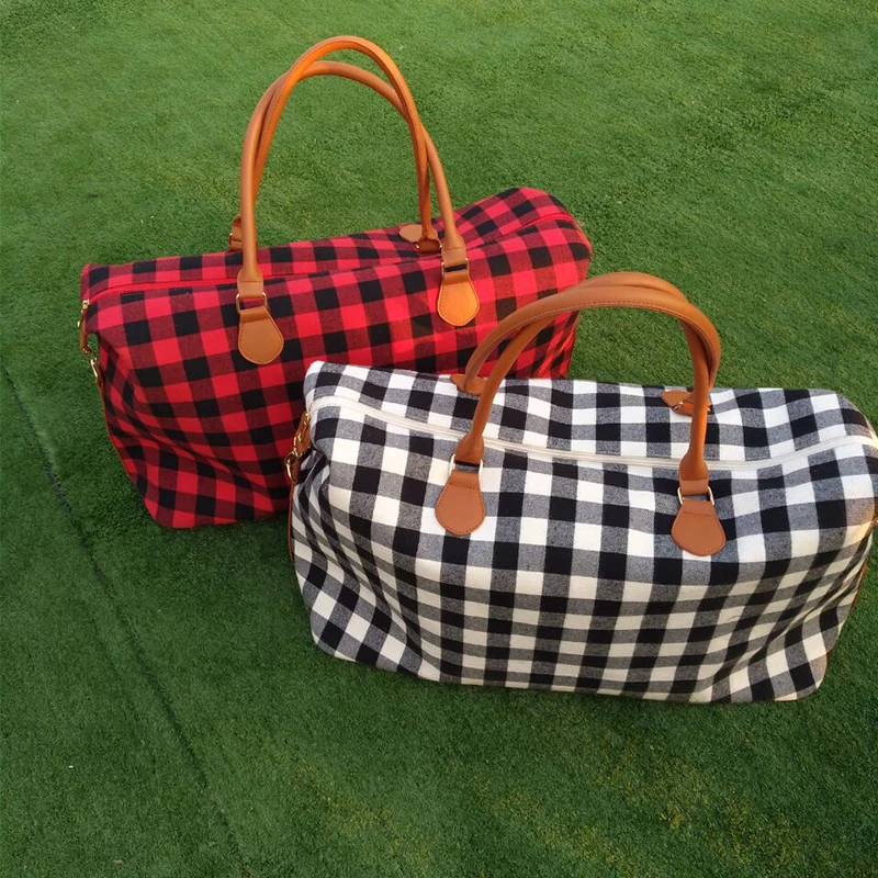 

Wholesale Personalized Large Canvas Plaid Travel Weekender Tote Bag, As pics show