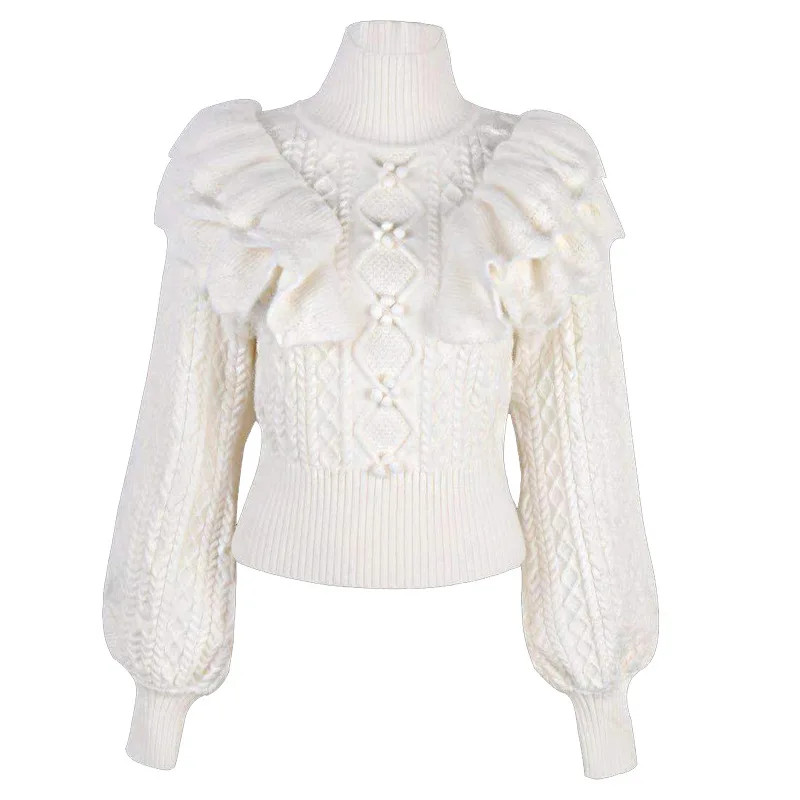 

Factory direct sales heavy industry high collar hemp thickened women's sweater new Ruffle Lantern Sleeve Pullover