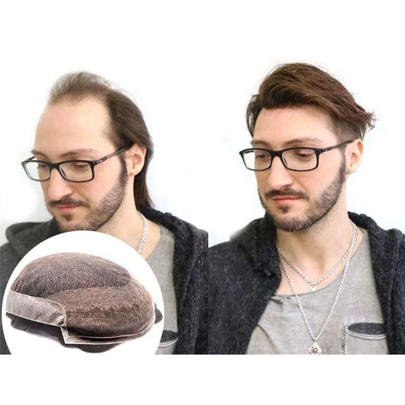 

Octagon human hair toupee men's male wigs hair replacement lace with poly on sides and back