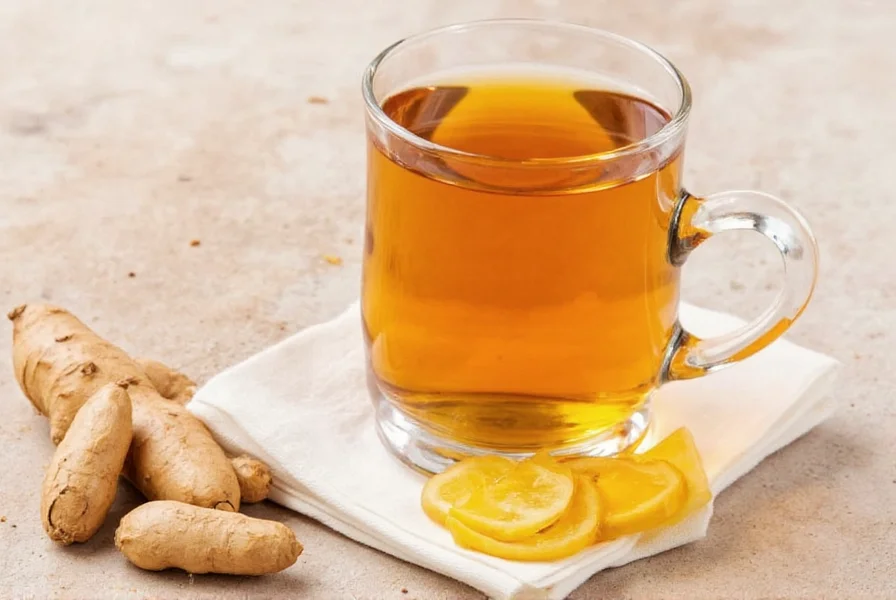 Fresh ginger root slices steeping in clear glass teapot with honey drizzle