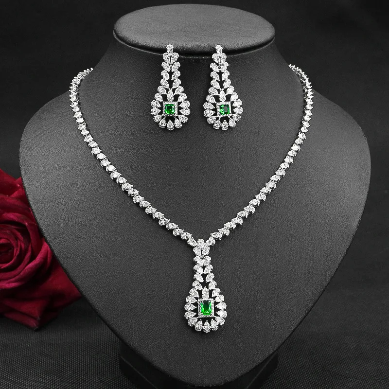 Custom Platinum Pear Shaped Diamond Wedding Necklace Earrings Jewelry Set