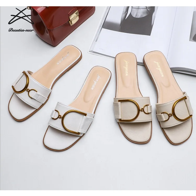 

RTS Women New Fashion pu Flat Women Slippers Girls Flat Slippers Summer Women Sandals, White,apricot