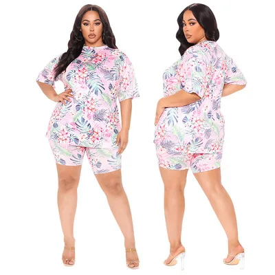 

2021 plus size women floral print t shirt + shorts two piece clothes tracksuit outfit 2 piece clothing set