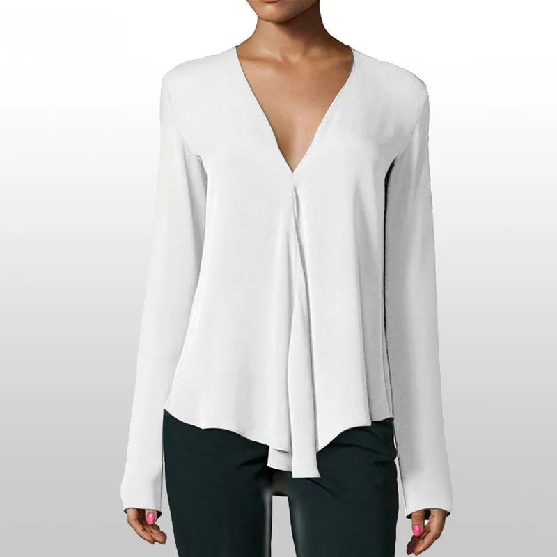 

White Blouse Long Sleeve Chiffon Blouse V-neck Women Tops and Blouses Solid Office Shirt, As the pictures shown