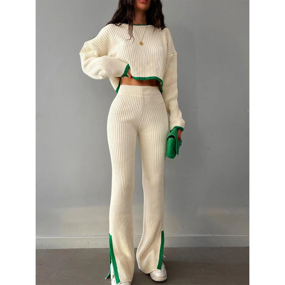 Hot Selling Knitted Outfits Long Sleeve Sweater And Pants Two Piece Sets For Women