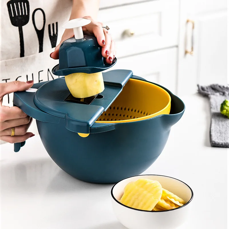 

New Design Multifunctional Food Strainer Fruit Colander Vegetable Julienne Slicer Grater Food Mandoline Cutter Shredder, Blue/white