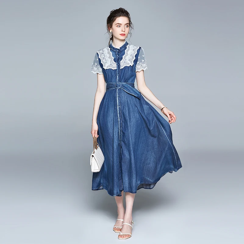 

2021 New Style Vintage Patchwork Lace Turn-down Collar Half Sleeve Tunic Denim Dress For Ladies, Blue