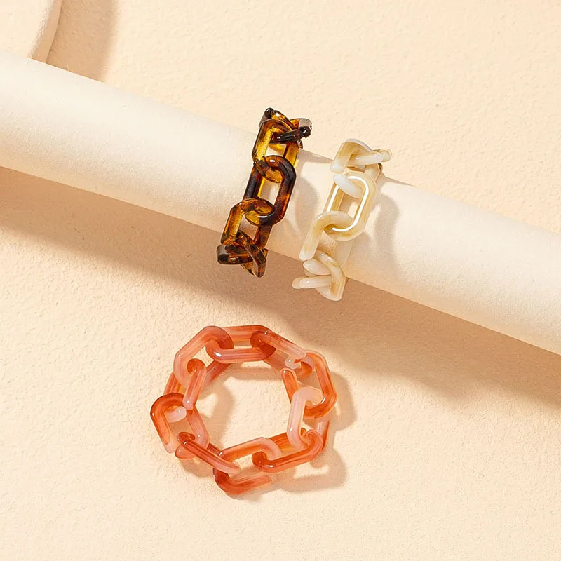 

2022 Summer New Style 3Pcs/Set Square Link Chain Resin Acrylic Ring Leopard Printed Acrylic Link Chain Finger Ring Set