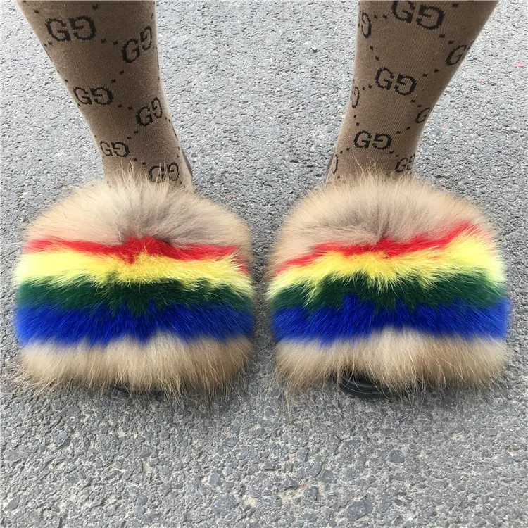 

Slides With Fur Fluffy Fur Slippers Fluffy Fox Fur Slides, Customized color