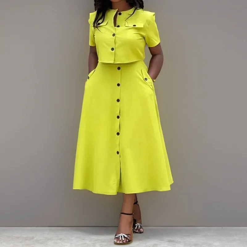 RNSHANGER Fashion Women Skirt Set Short-sleeved Cropped Tops Two Piece Clothing Set New Design Solid Color Office Lady Outfits