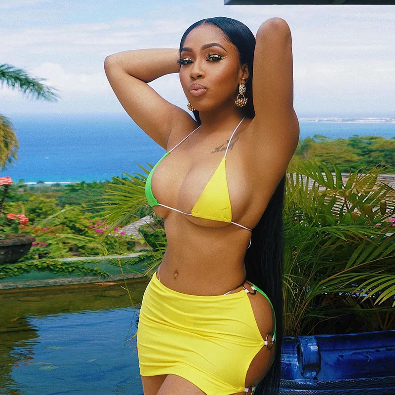 

Lady Tropical Swimsuit Colorful Patchwork Swimsuit Skirt Sexy Thong G-string Velvet Bikini