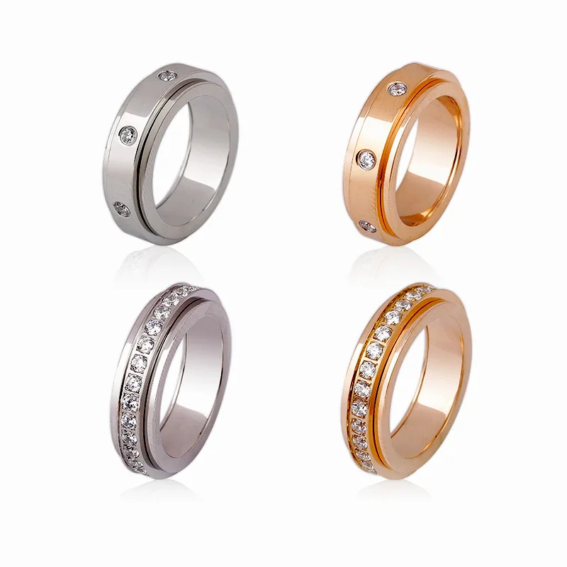 

G1335 316L Stainless Steel Lucky Rotate Fidget Anxiety Ring Jewelry Micro Zirconia Spinning Couple Ring