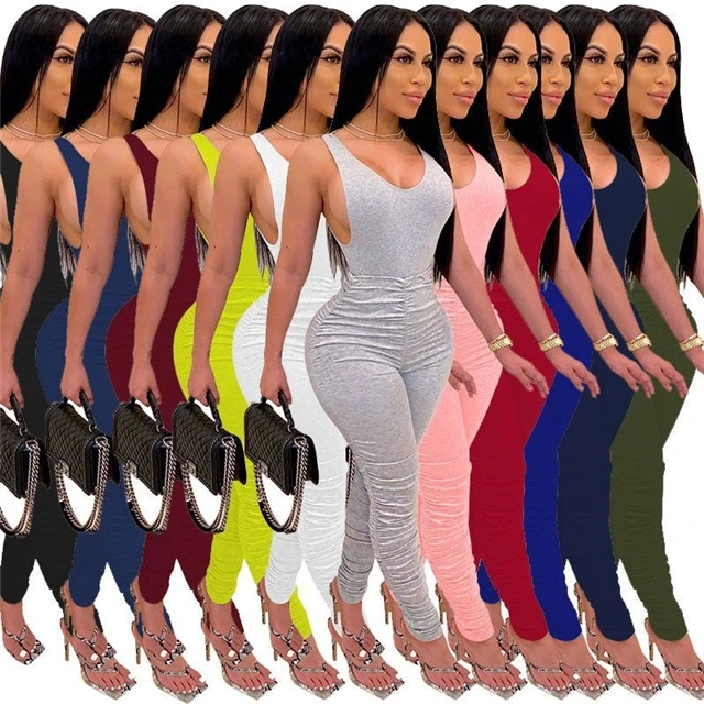 

Soild Color Tights Sleeveless Deep V One Piece Bodycon Bodysuit Stacked Pants Set Women Outfits 2 Piece, 10 colors