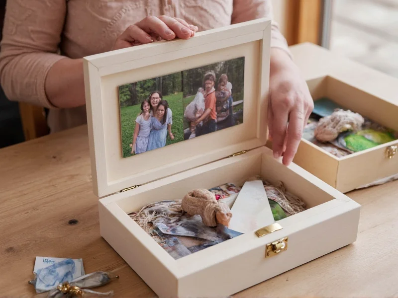 Senior creating memory box with family photos
