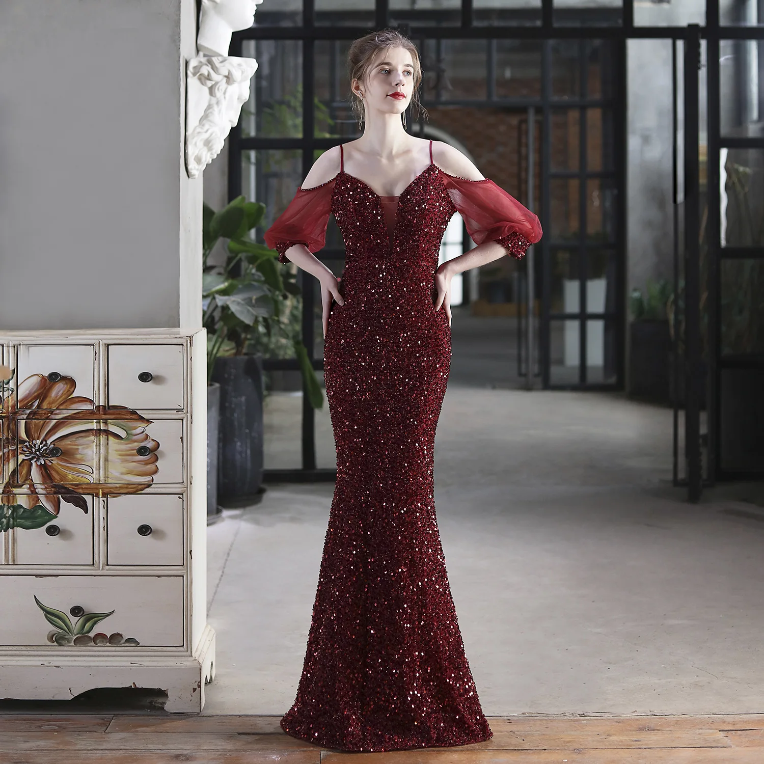 18685# Wedding Car Model Exhibition Beads Toasting Bridal Long Dinner Slim-fit Fishtail Dress