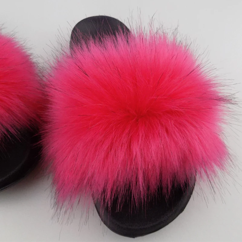 

Handmade Full Faux Fox Fur Sandals Slippers Slides, Red ,black ,green ,orange ,brown and so on