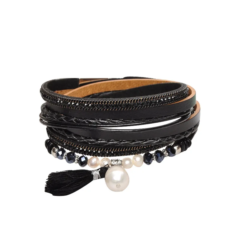 

Dylam Trendy Holiday Beach For Women Jewelry Freshwater Pearl Bracelet Tassel Wrap Multilayer Bohemian Leather Bracelets