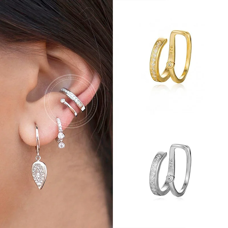 

Sterling silver women ear cuff jewelry 18K gold plated double layers micro inlay zircon clip on earrings, As the pic show