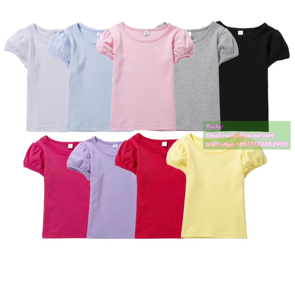 

1-14year Wholesale Custom girls plain puffy sleeves kids baby boutique clothes summer toddler knit combed cotton shirt for girl, Picture