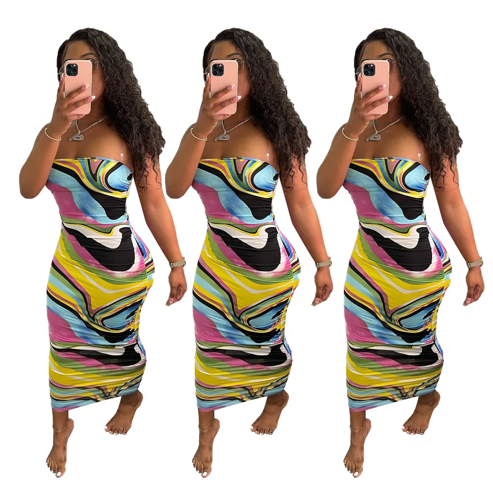 

2021 wholesale women's summer European and American women's clothing printed tie-dye sexy multicolor dress NY8061, Picture color