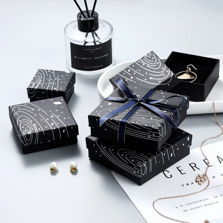 Wholesale Ring Boxes Black Starry Sky Cardboard Velvet  Foam Inserts Jewelry Box Case