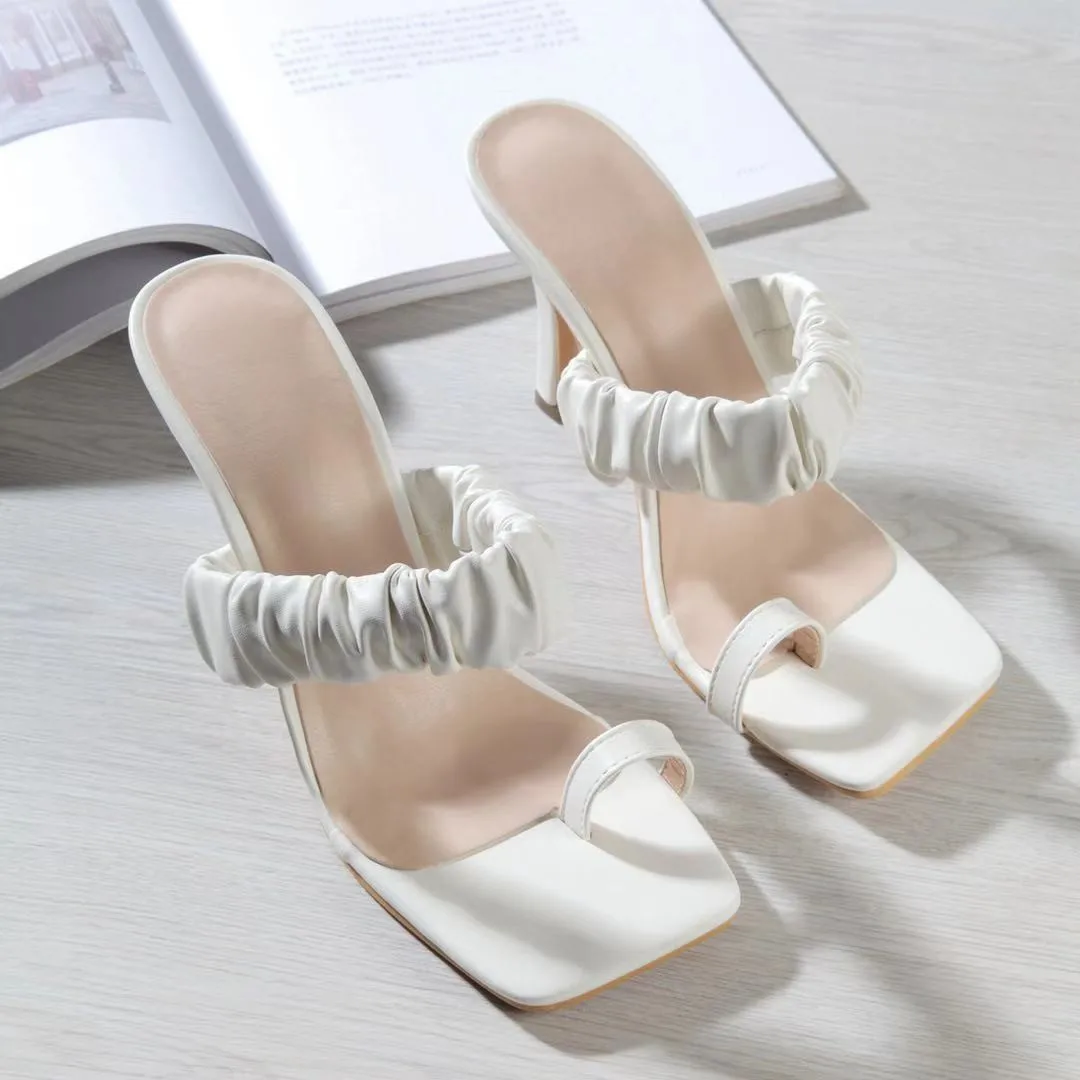

White square toe high heel slippers women sandals 035