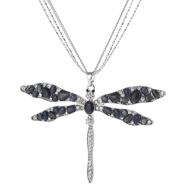 

Temperamental Shining Dragonfly Necklaces Women Statement Rhinestone Black / White Opal Inlay Copper Chain Necklace