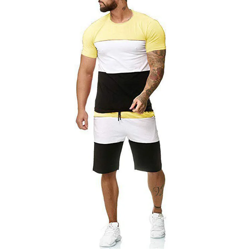 

Summer colorblock crew neck print fitness suit