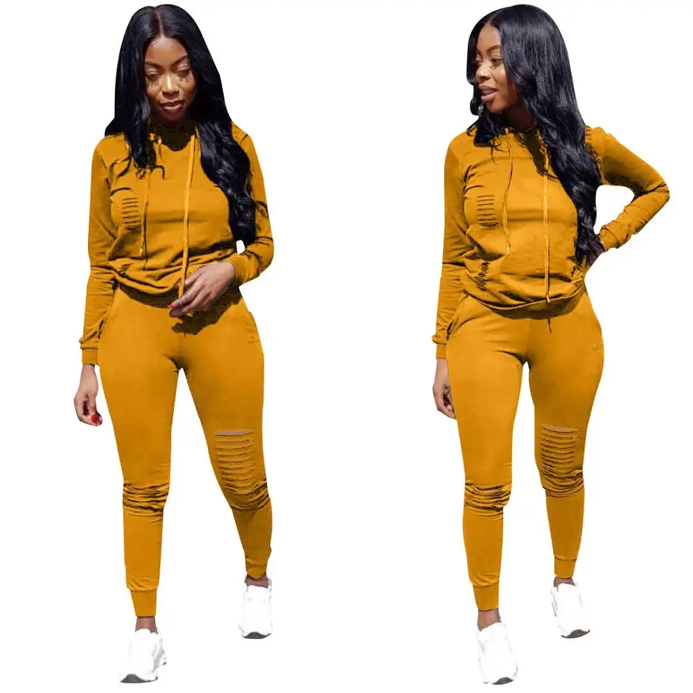 

New Arrivals 2020 Women Crop Hoodies Customized Sweat Suit Hot Sale Ripped Track Suit Autumn Plus Size Clothing for Female, Picture