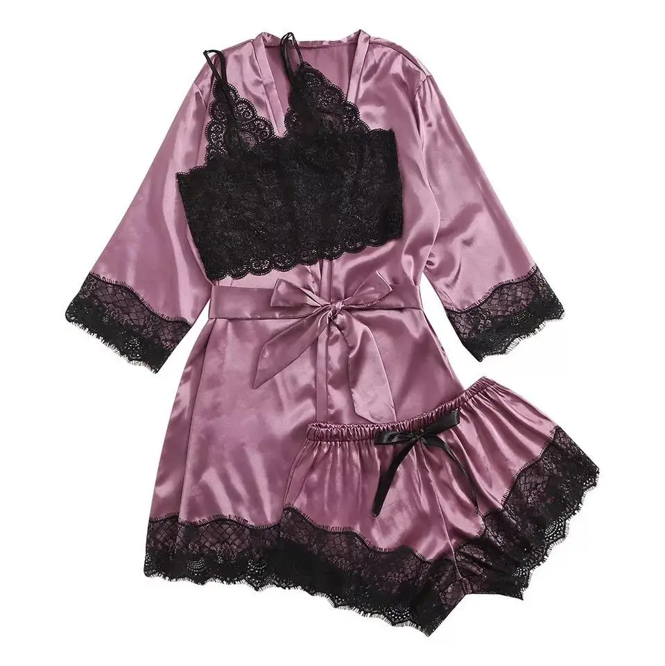 

women lingeries sexy silk sleepwear set lace lingeries robes sexy panties girl mature women babydoll sexy lingerie, Purple pink red