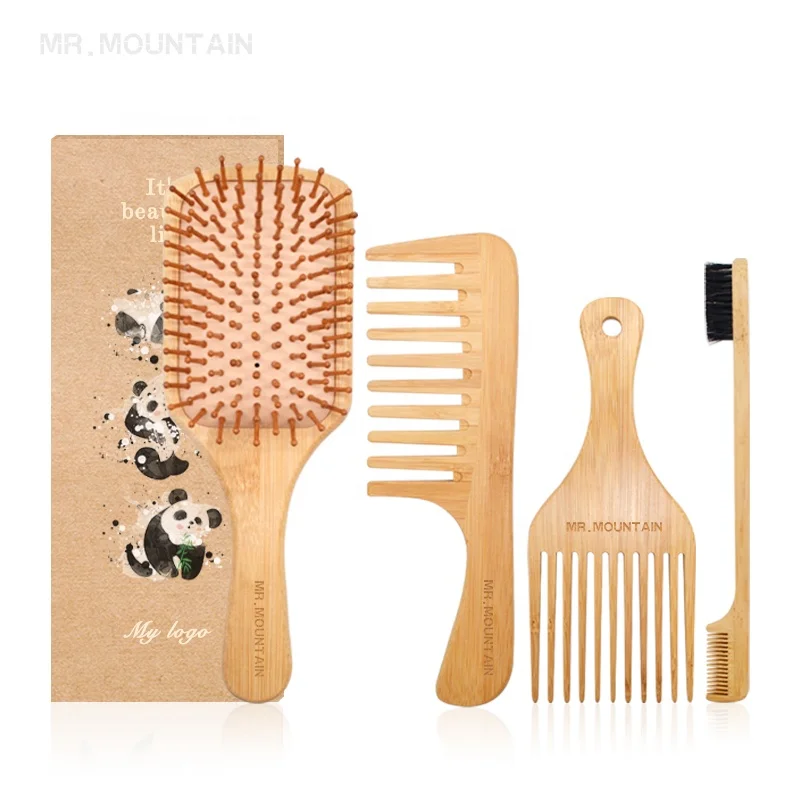 

New Arrival Custom Logo Eco-friendly Low MOQ Natural 4PCS Hair Brush Bamboo Wide Tooth Comb Bamboo Afro Pick Hair Brush Set