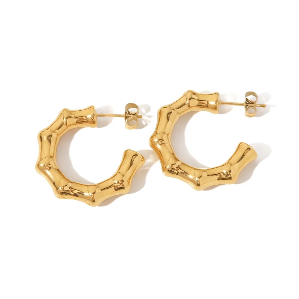 

18k PVD Gold Plated Stainless Steel C Shape Big Bamboo Design Geometric Hoop Earrings For Women