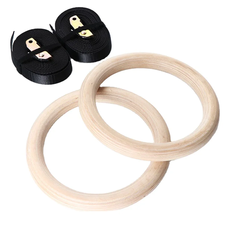 

RTGFIT Gym Rings Fitness Rings Turnringe Holz Gymnastic Wooden Rings Exercise Fitness Training, Black strap, wooden color ring