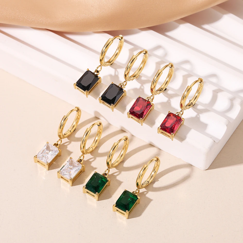 

Luxury PVD Plated Stainless Steel Jewelry Earrings Women Rectangle Cubic Zircon Dangle Hoop Huggie Drop Earrings