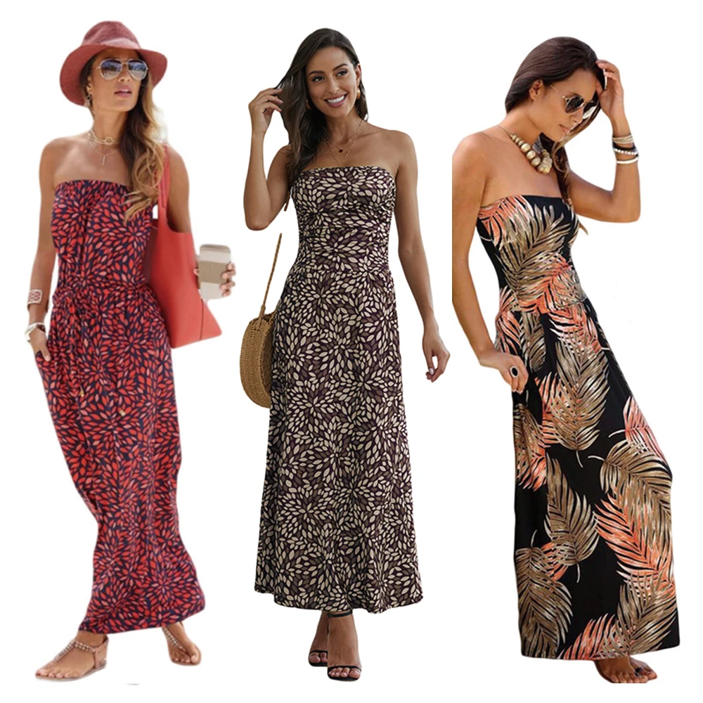 

2021 new arrivals new arrivals Wholesale Fashion Women Bohemian Bandeau Boho Floral Print Tube Long Maxi Casual Dress